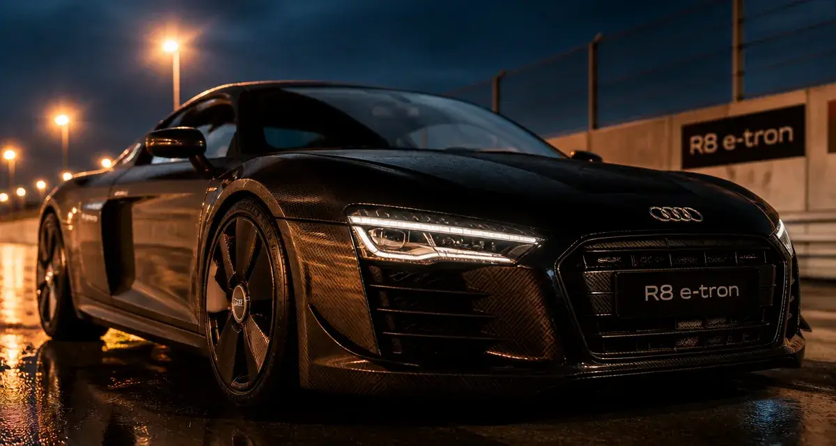 Audi R8 e tron noire sur piste humide, 3,9 s, 92 kWh