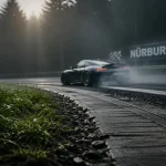 Circuit nurburgring : voiture sombre sur la Nordschleife, pneus fumants et gravier