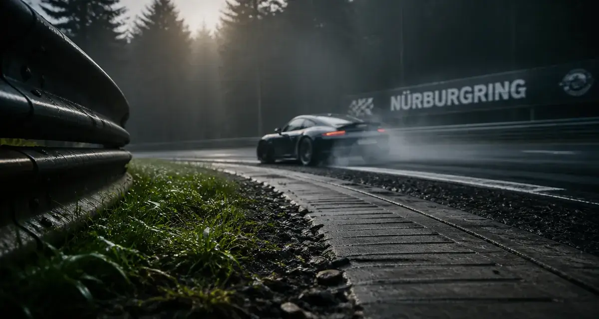 Circuit nurburgring : voiture sombre sur la Nordschleife, pneus fumants et gravier