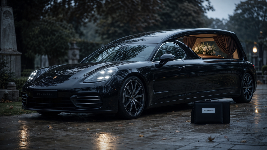 Corbillard Porsche Panamera, luxe funéraire sur allée humide, intérieur cuir visible
