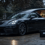 Corbillard Porsche Panamera, luxe funéraire sur allée humide, intérieur cuir visible