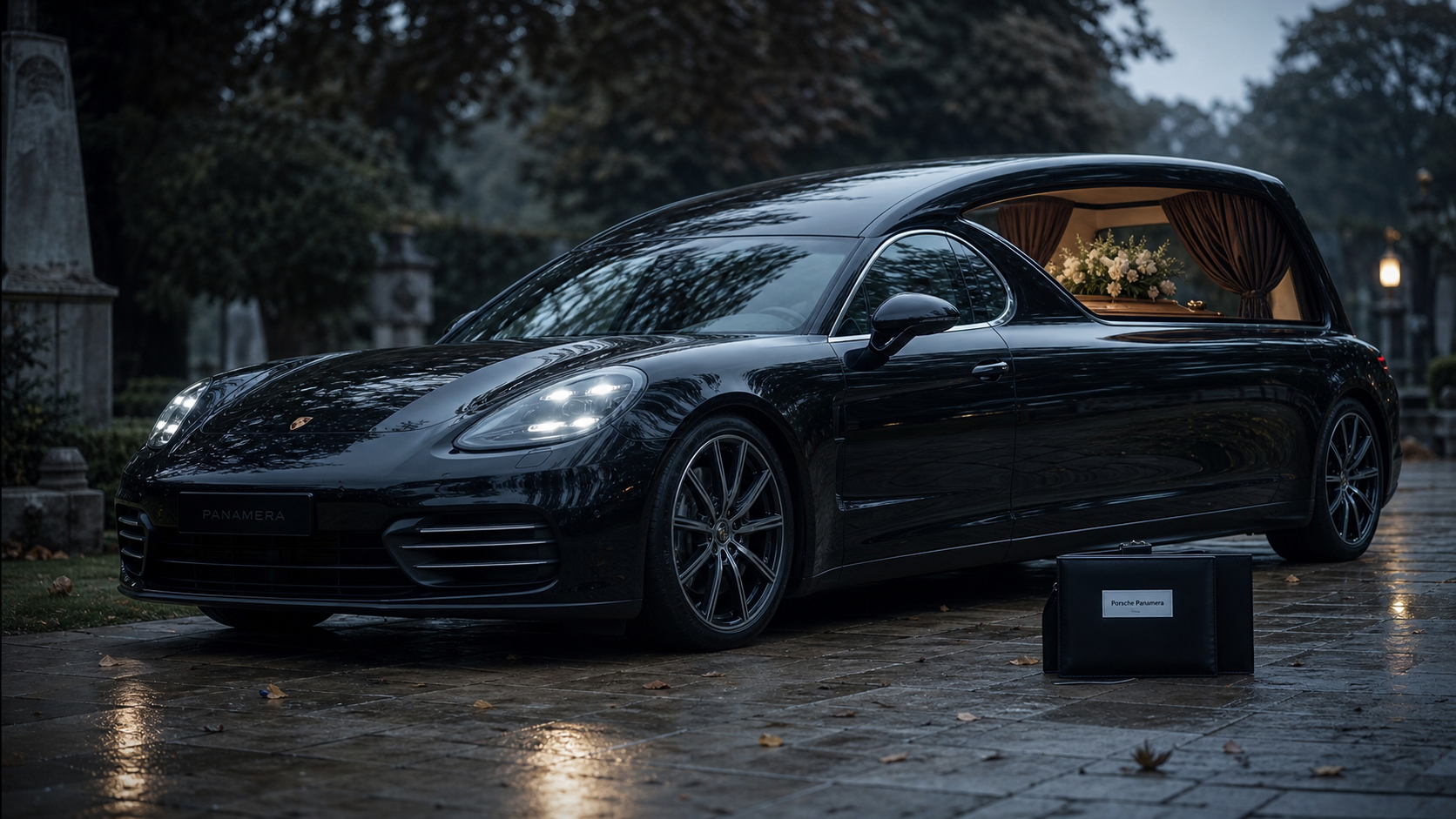 Corbillard Porsche Panamera, luxe funéraire sur allée humide, intérieur cuir visible