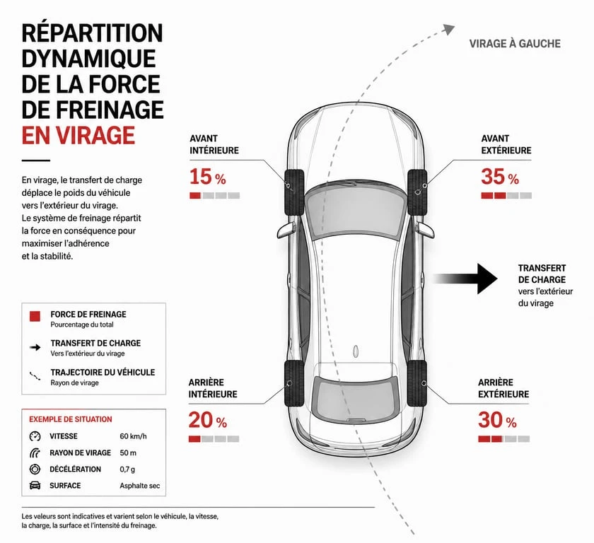 Schéma illustrant le fonctionnement du répartiteur électronique de freinage EBD sur une voiture