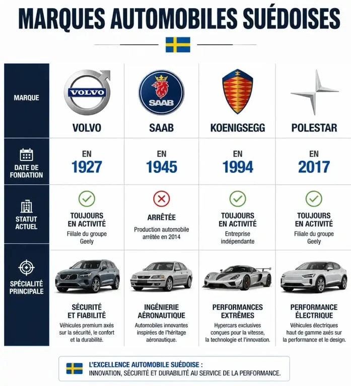Infographie comparative des marques de voiture suédoise : Volvo, Saab, Koenigsegg et Polestar