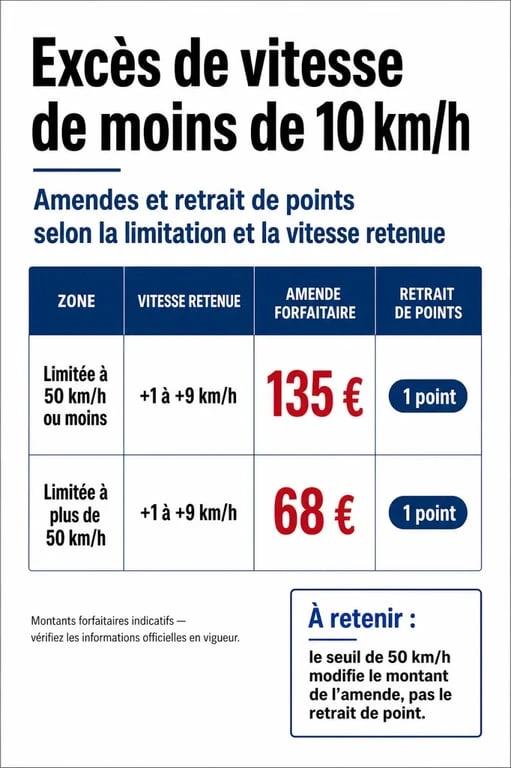 Tableau récapitulatif des sanctions pour excès de vitesse inférieur à 10 km/h en France