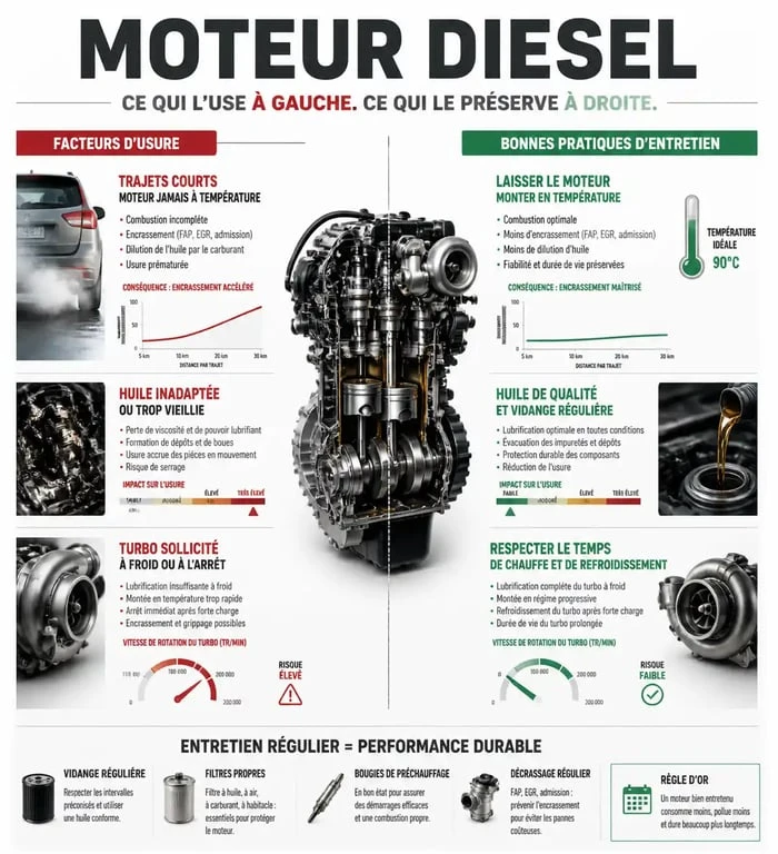 Infographie sur la durée de vie moteur diesel et les conseils d'entretien