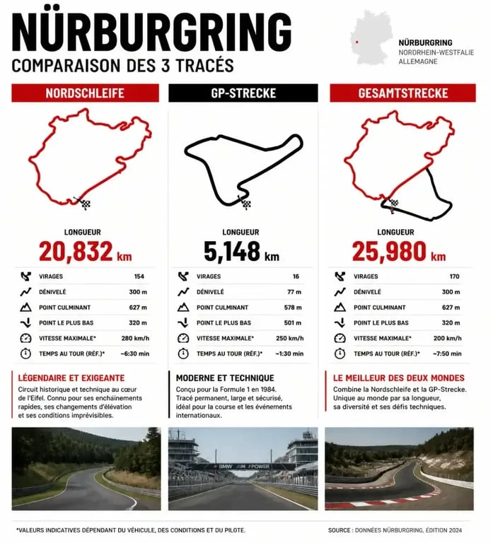 Comparatif des tracés du circuit Nürburgring : Nordschleife, GP-Strecke et Gesamtstrecke