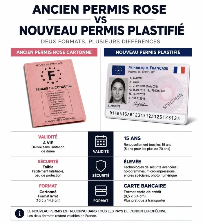 Comparatif visuel entre l'ancien permis de conduire rose et le nouveau permis plastifié