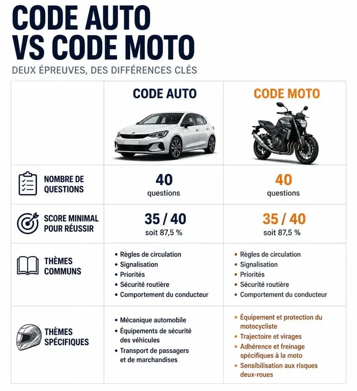Infographie comparative entre le code auto et le code moto pour le permis moto