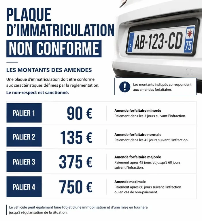 Infographie des montants d'amende pour plaque d'immatriculation non conforme