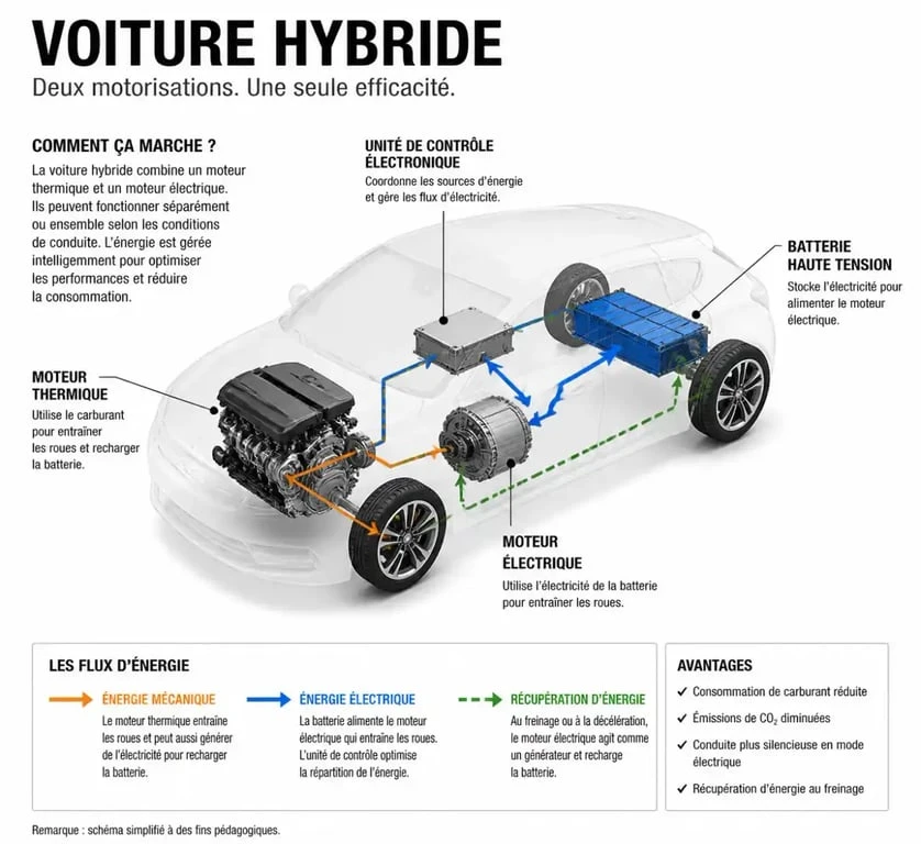 Schéma explicatif du fonctionnement d'une voiture hybride et ses différents types d'hybridation