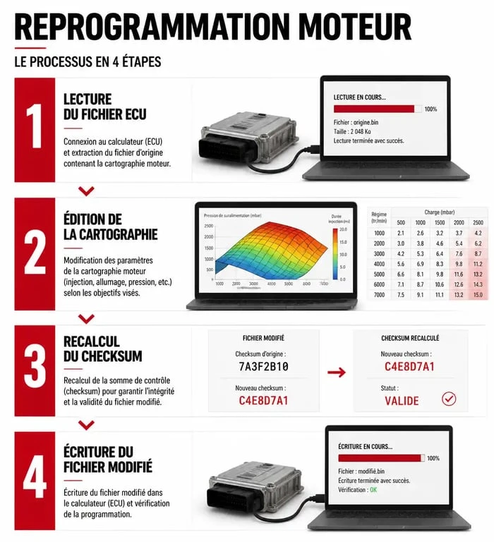 Schéma du processus de reprogrammation moteur et logiciel de reprogrammation moteur