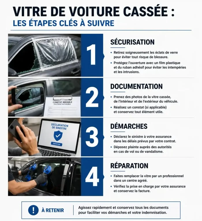 Infographie des étapes à suivre en cas de vitre cassée sur une voiture : sécurisation, déclaration d'assurance et réparation.