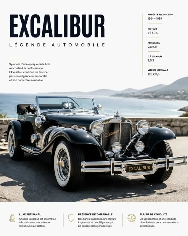 Voiture Excalibur classique de collection, symbole du design néo-classique