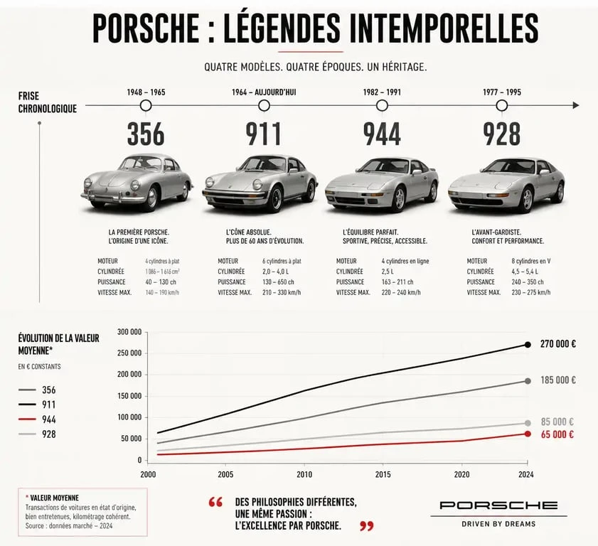 Infographie des modèles de Porsche ancienne et évolution de leur valeur sur le marché de collection