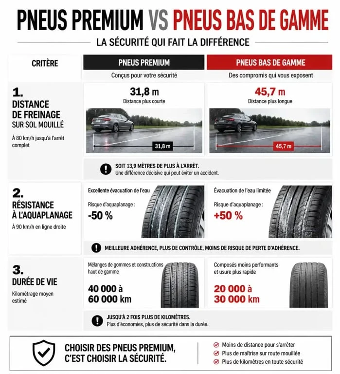 Infographie comparative : pneus premium vs marques de pneus à éviter pour la sécurité routière