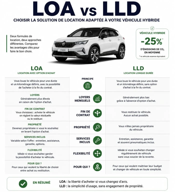 Comparatif LOA vs LLD pour le leasing de voiture hybride