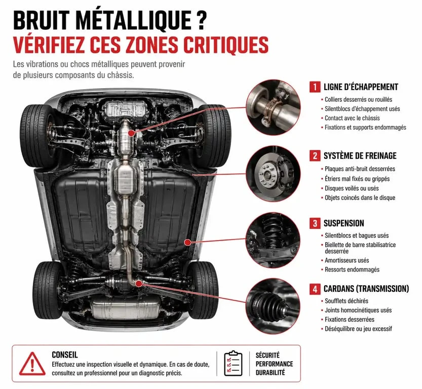 Schéma des points de contrôle d'un châssis de voiture pour diagnostiquer un bruit métallique
