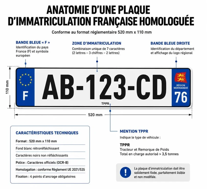 Schéma d'une plaque d'immatriculation française homologuée avec département et logo régional