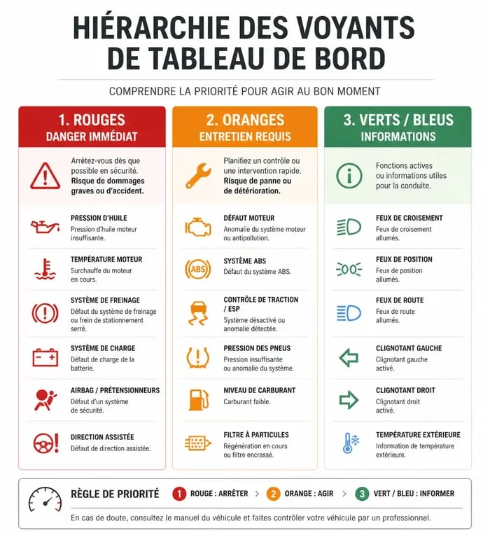 Infographie explicative des voyants du tableau de bord : signification des couleurs et symboles d'alerte pour la sécurité routière.