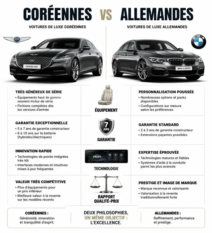 Infographie comparative entre voiture coréenne de luxe et voiture allemande