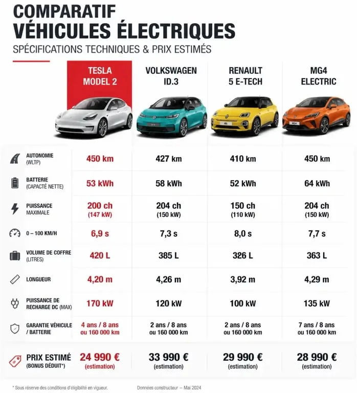 Comparatif des caractéristiques techniques et prix de la Tesla Model 2 face à ses concurrentes électriques