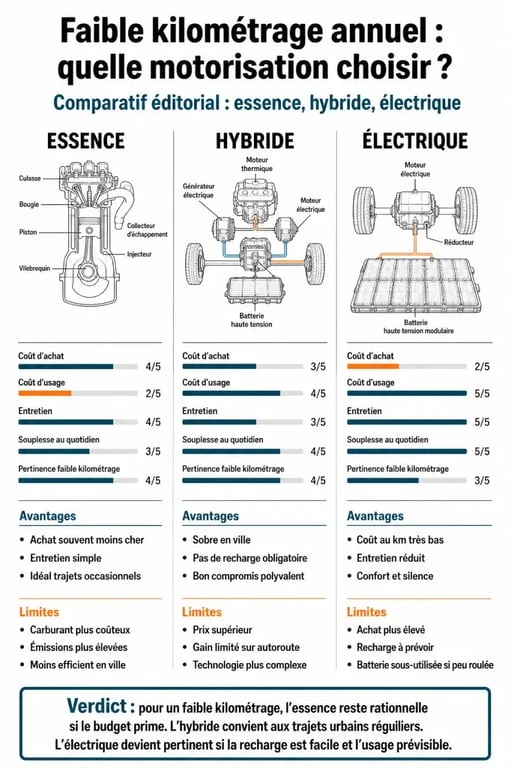 Comparatif des motorisations essence, hybride et électrique pour choisir sa voiture quand on roule peu