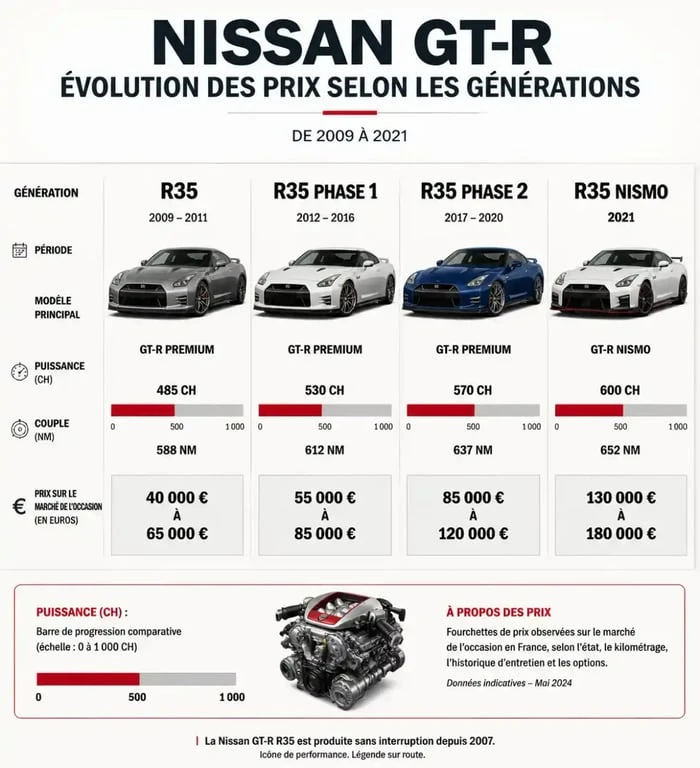 Évolution des prix et puissance de la Nissan GT-R par génération