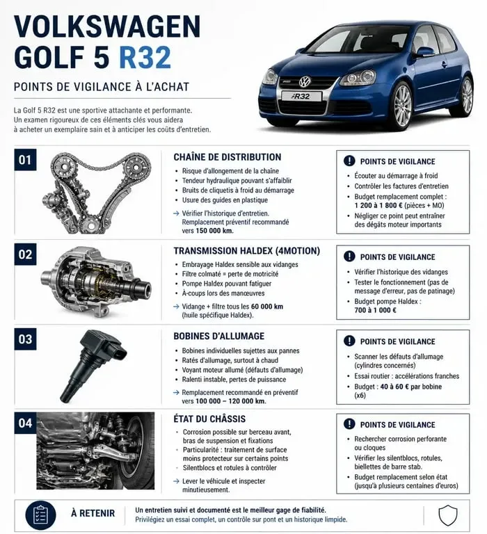 Infographie des points de contrôle techniques pour l'achat d'une Volkswagen Golf 5 R32 d'occasion