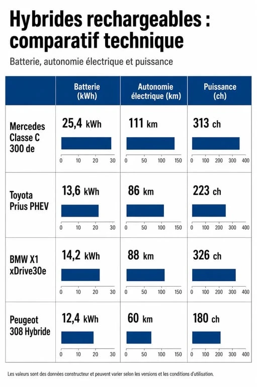 Comparatif des caractéristiques techniques des meilleurs hybrides rechargeables : autonomie, batterie et puissance.