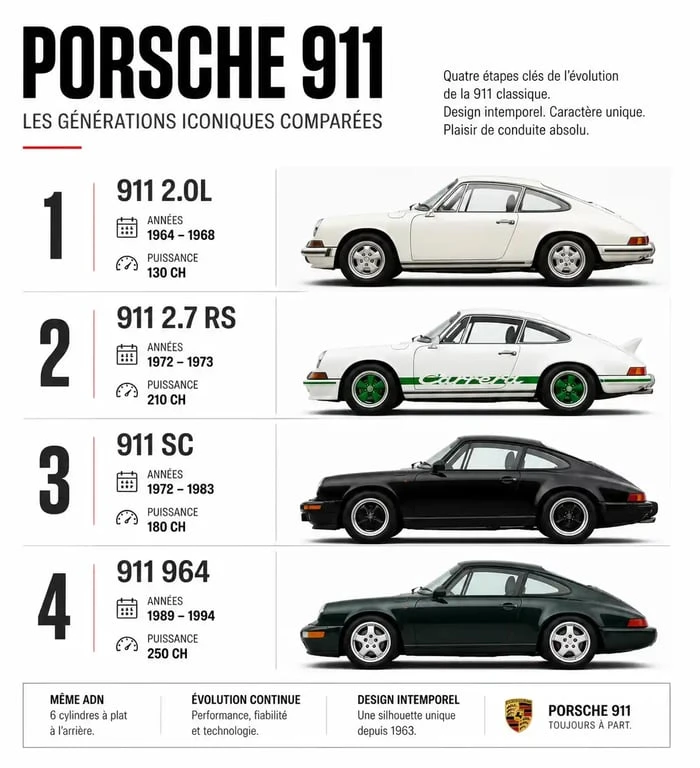 Infographie comparative des générations de Porsche 911 vieille pour les collectionneurs