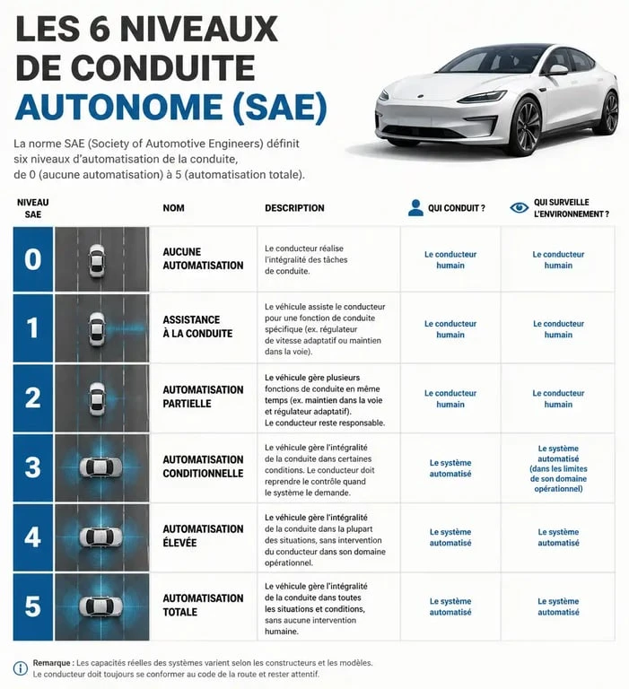 Infographie des 6 niveaux de conduite autonome SAE expliquant la transition de l'assistance humaine à l'automatisation totale.