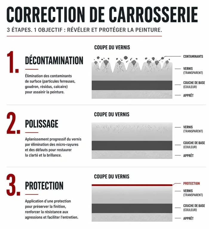 Infographie illustrant les étapes du polissage voiture pour corriger les micro-rayures