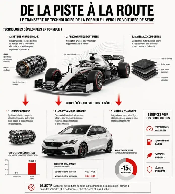 Schéma illustrant le transfert de technologie F1 vers l'automobile de série