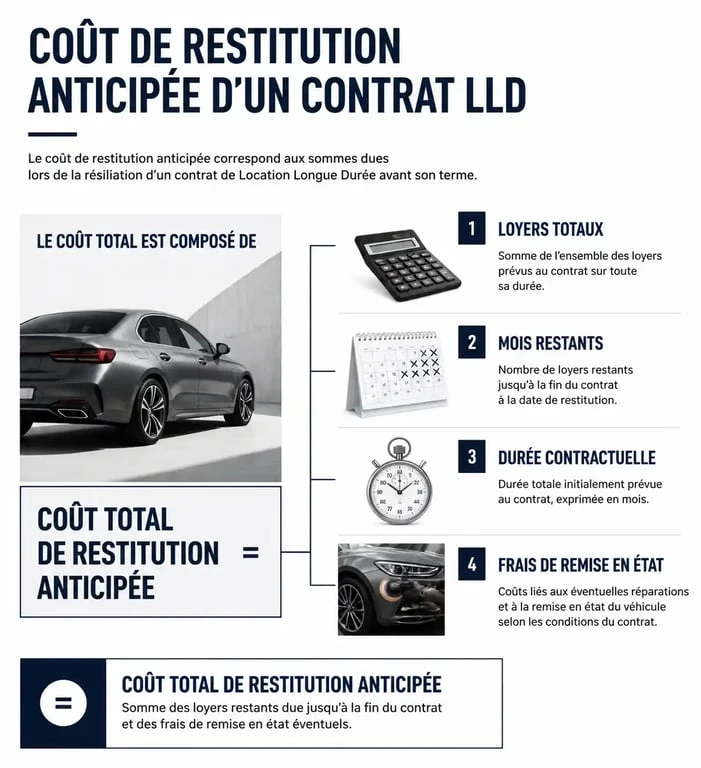 Infographie expliquant le calcul des frais de restitution anticipée d'un contrat LLD