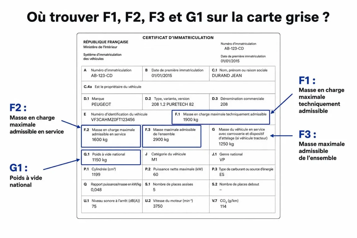 Emplacement des champs F1, F2, F3 et G1 sur une carte grise pour comprendre le PTAC et la charge utile.