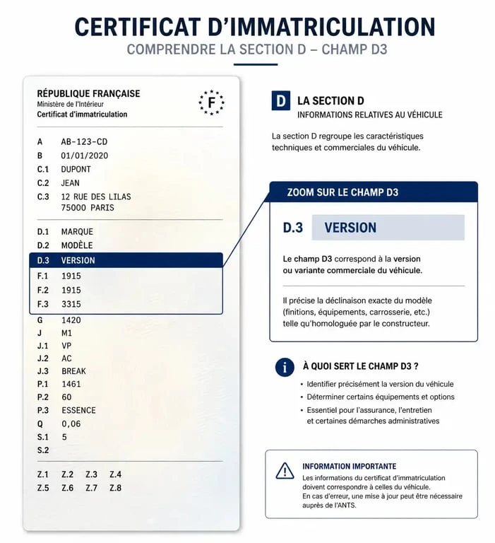 Localisation du champ D3 sur une carte grise pour identifier la dénomination commerciale du véhicule