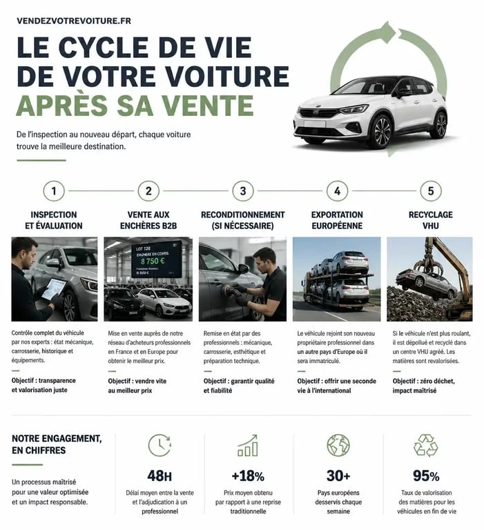 Schéma du parcours logistique d'une voiture après la vente sur vendezvotrevoiture.fr