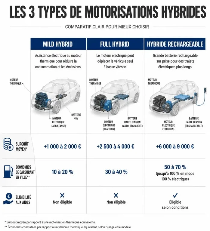 Tableau comparatif des technologies de voiture hybride : avis et différences entre mHEV, HEV et PHEV