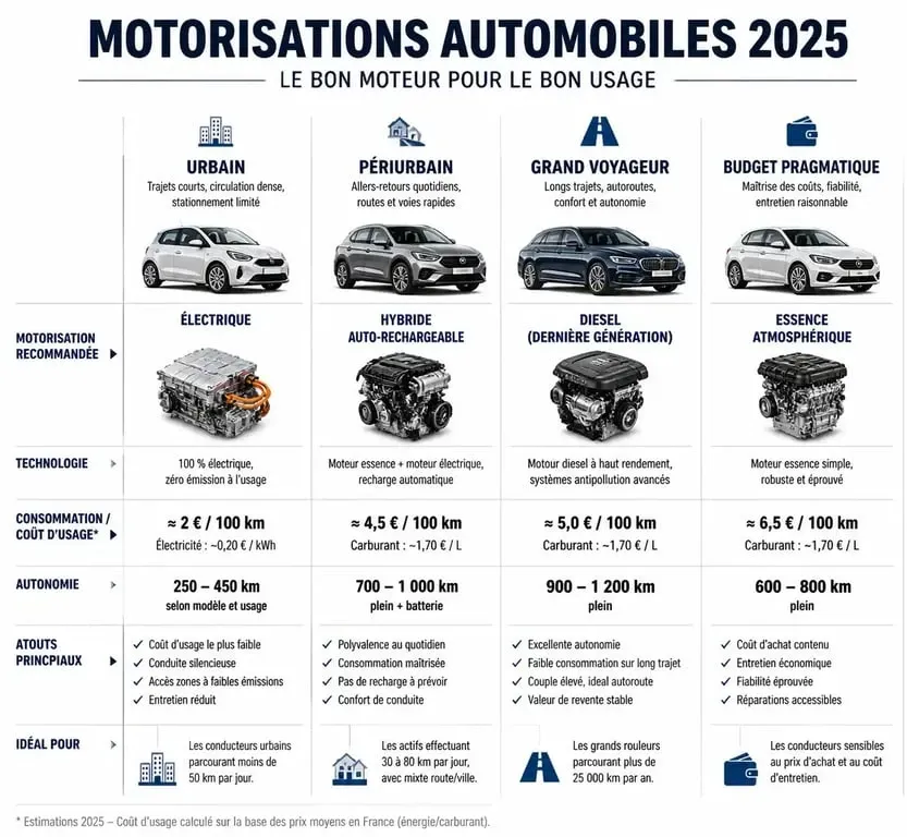 Infographie comparative des motorisations automobiles 2025 pour choisir son véhicule selon son usage