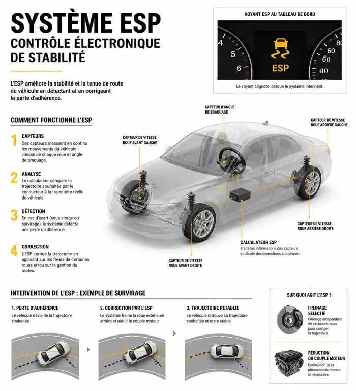 Schéma explicatif du voyant voiture qui glisse et du fonctionnement du système ESP