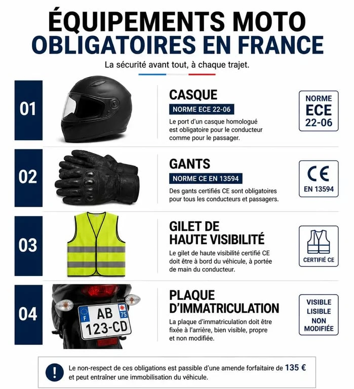 Infographie des équipements moto obligatoires en France et sanctions associées