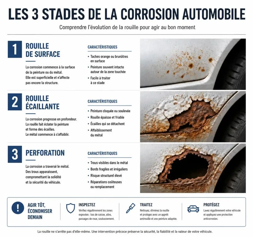 Schéma des trois stades de la corrosion voiture : surface, écaillée et perforante