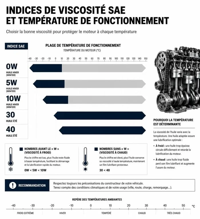 Infographie explicative des indices de viscosité huile moteur SAE et leur fonctionnement selon la température