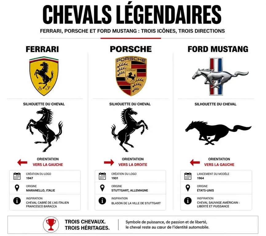Infographie comparative des logos de voitures avec un cheval : Ferrari, Porsche et Ford Mustang
