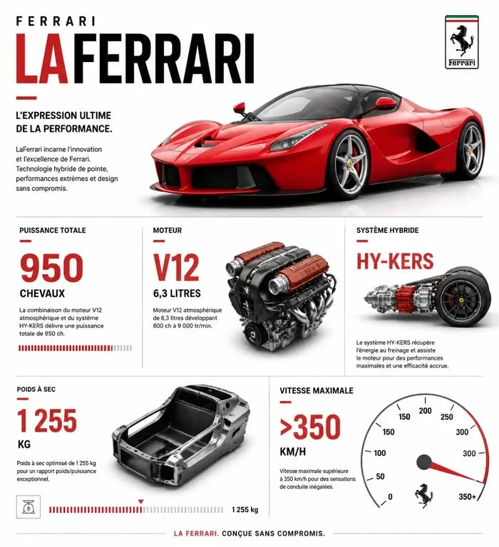 Infographie des caractéristiques techniques de la supercar Ferrari LaFerrari