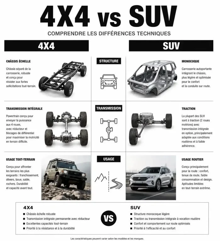 Infographie comparative illustrant la différence entre 4x4 et SUV pour aider au choix automobile