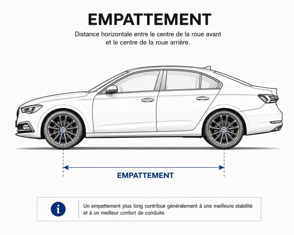 Schéma explicatif de l'empattement d'une voiture : distance entre les essieux avant et arrière.