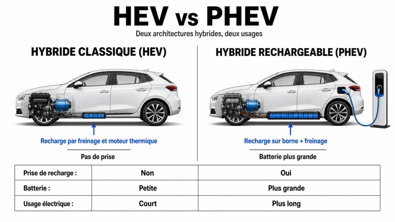 Schéma comparatif entre voiture hybride classique et hybride rechargeable pour comprendre comment se recharge une voiture hybride