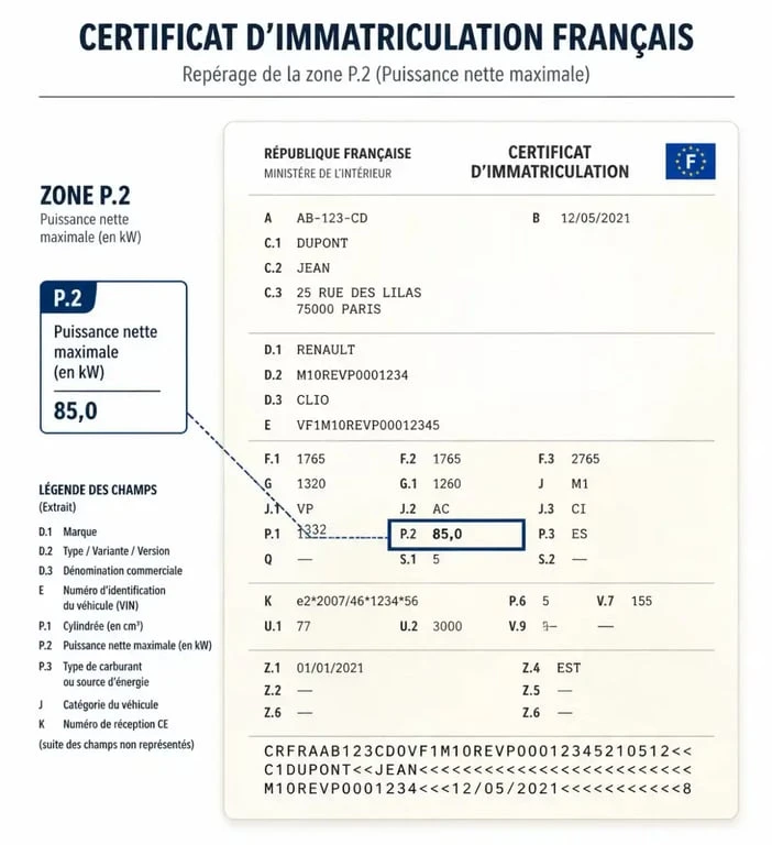 Localisation du champ P2 sur la carte grise pour identifier la puissance nette maximale du véhicule